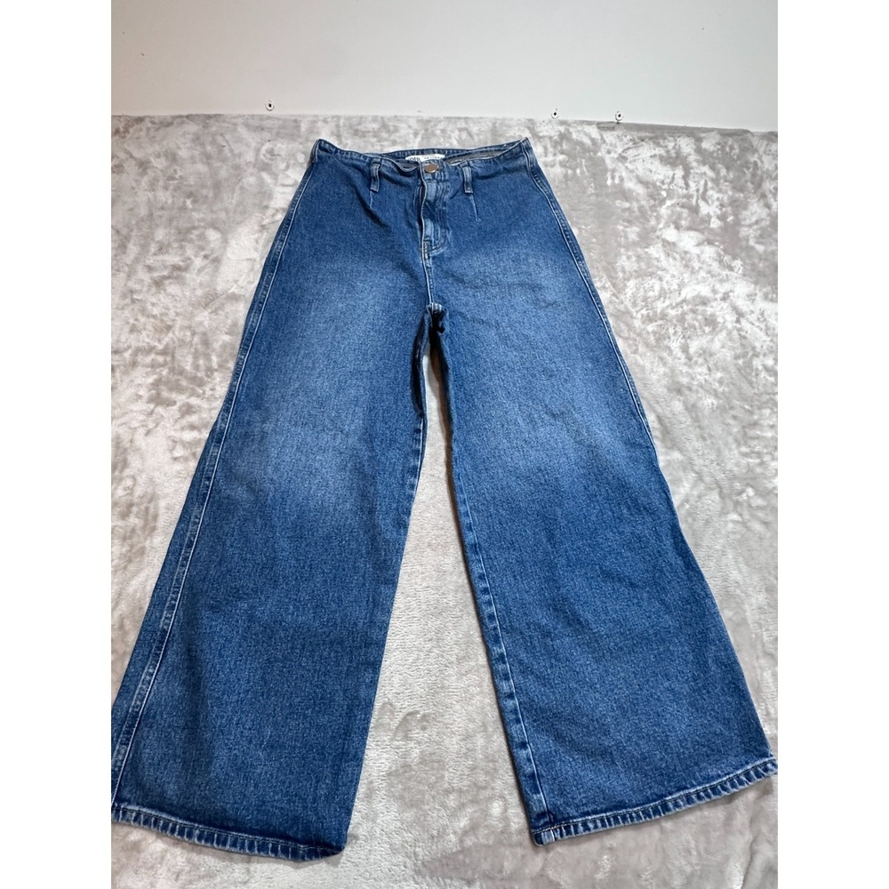 Zara Jeans Womens Size 8 Blue Denim Wide Leg Flare Cropped High Rise Darts EUC
